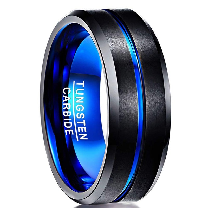 NUNCAD Black Matte Finish Tungsten Rings for Men Women with Blue Grooved Center Polished Beveled Edges 8mm Men Wedding Rings Comfort Fit Size 15 - Image 1